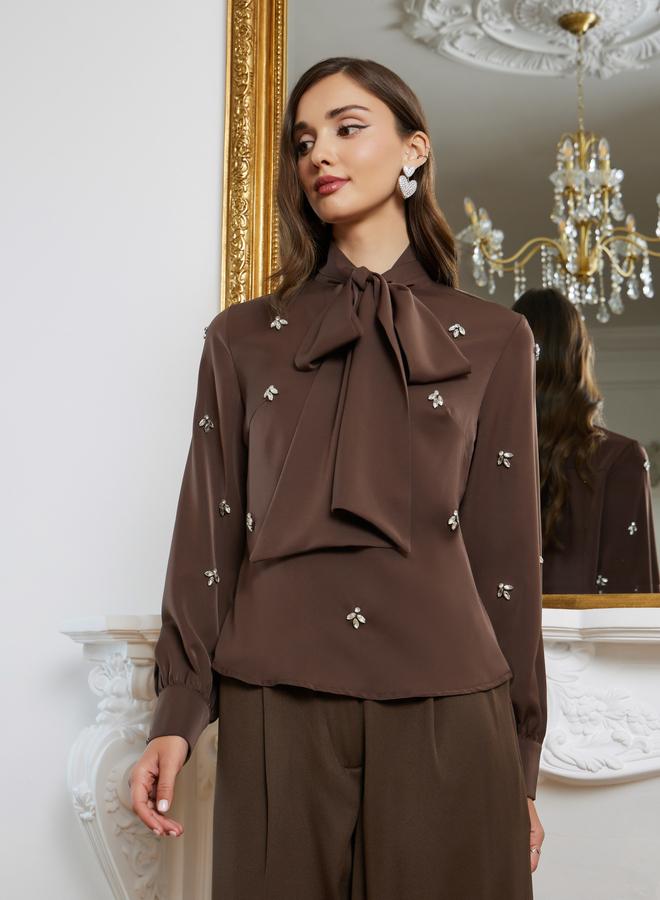 Styli Women Coffee Brown Embellished Blouse - Image 2